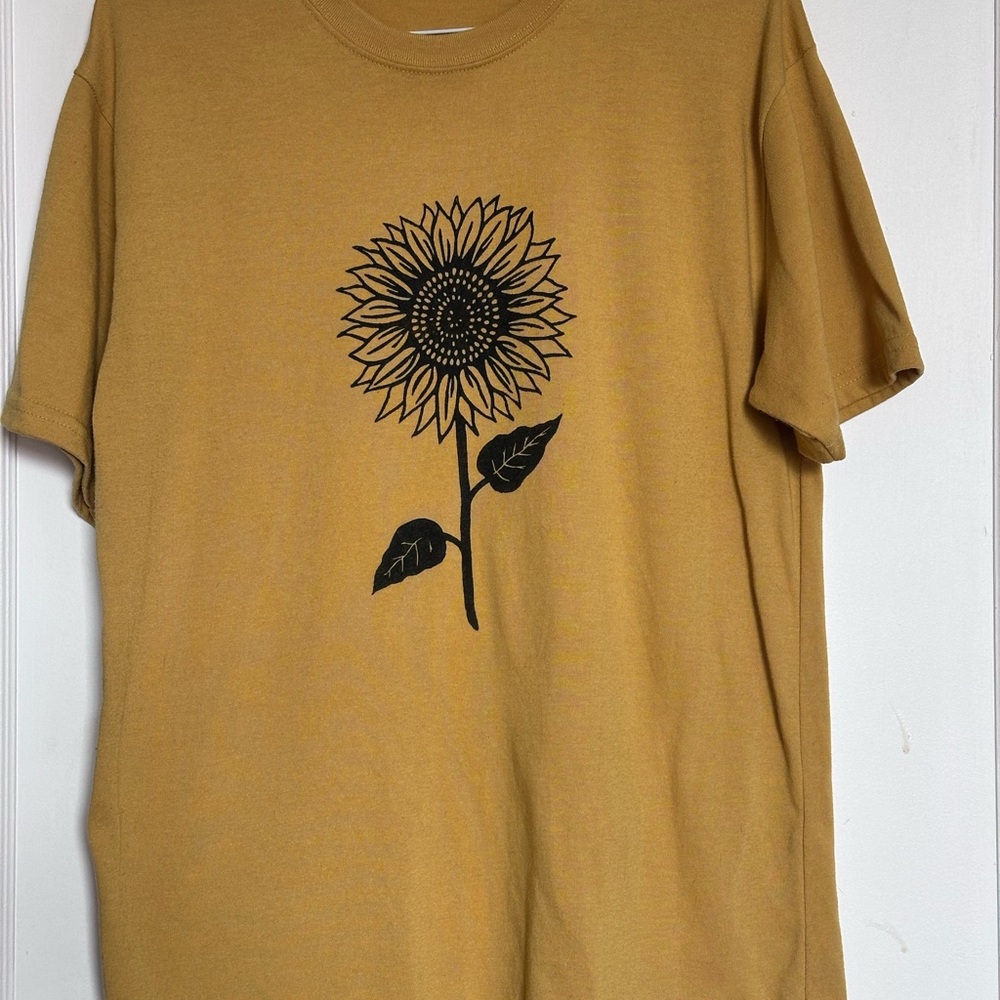 Mustard Short-Sleeve Tee with Black Sunflower Print